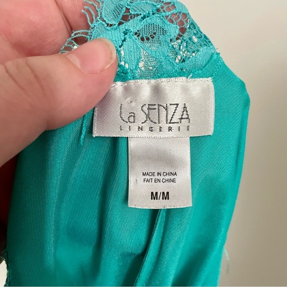 Vintage Y2K La Senza Satin Babydoll Slip Dress Lace Trim Turquoise Size Medium - Picture 6 of 7